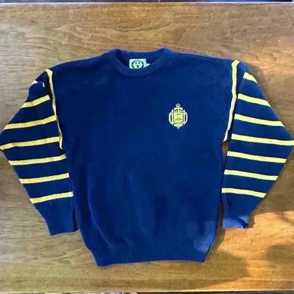 Navy and Yellow Crewneck Sweater with Crest